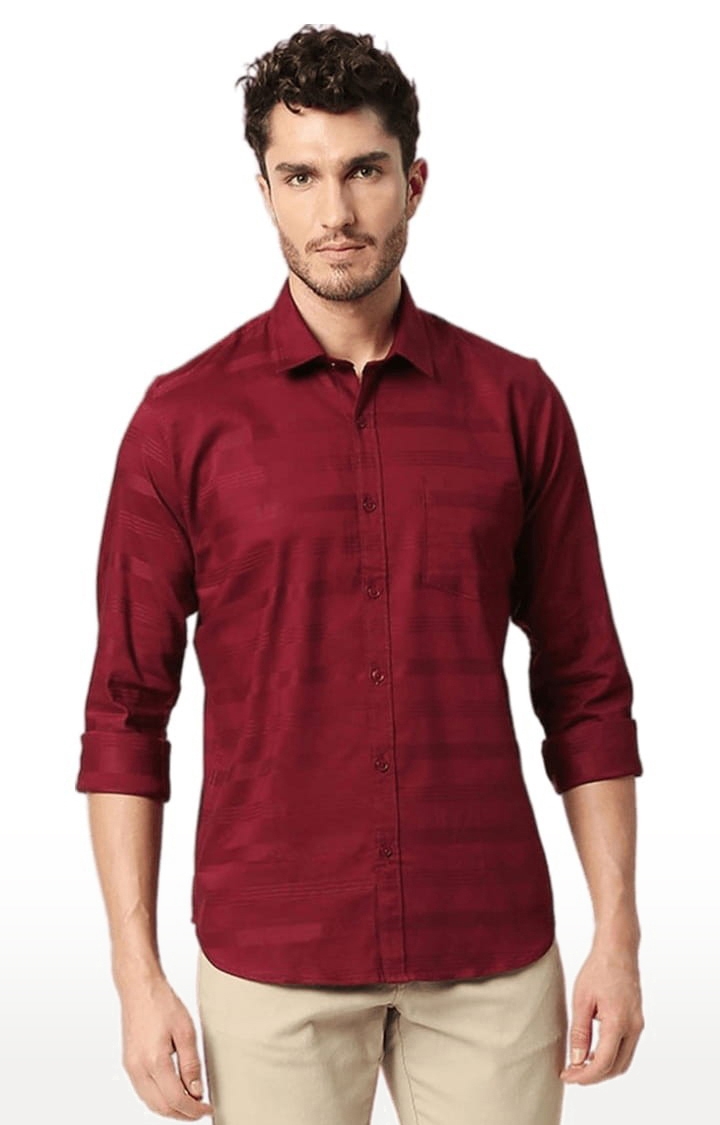 SOLEMIO | Men's Red Cotton Striped Casual Shirt 0