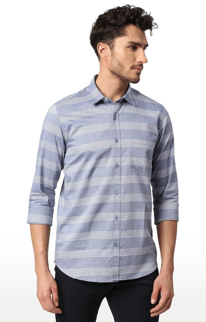 Men's Blue Cotton Striped Casual Shirt