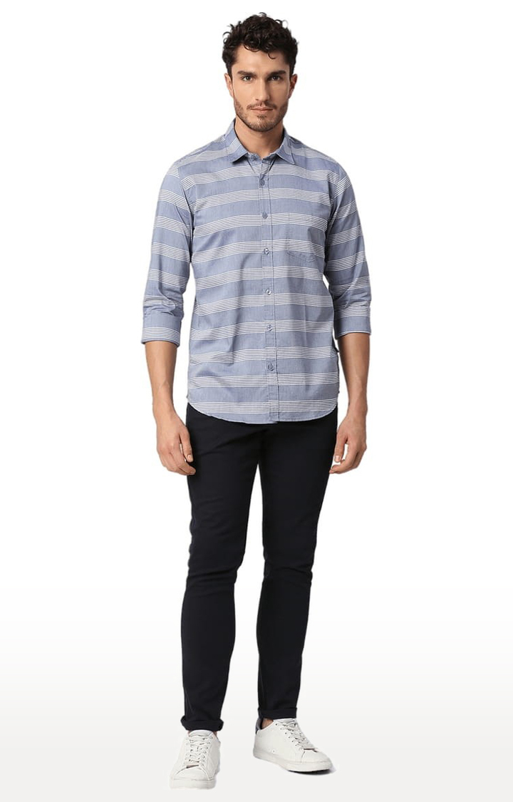 Men's Blue Cotton Striped Casual Shirt