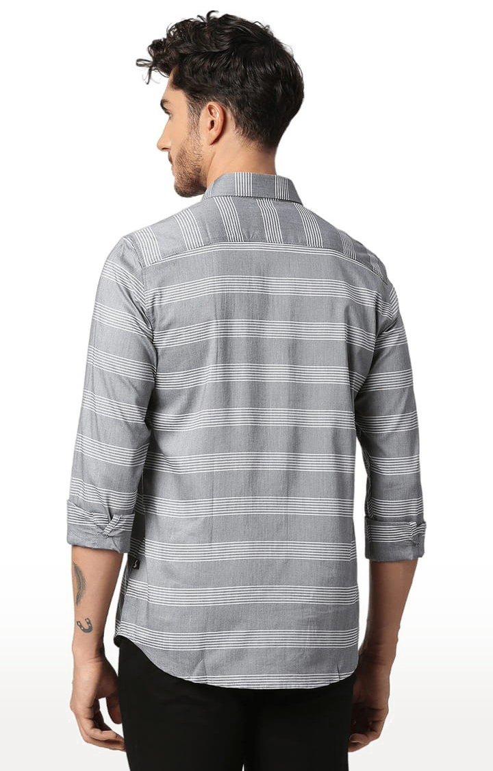 Men's Grey Cotton Striped Casual Shirt