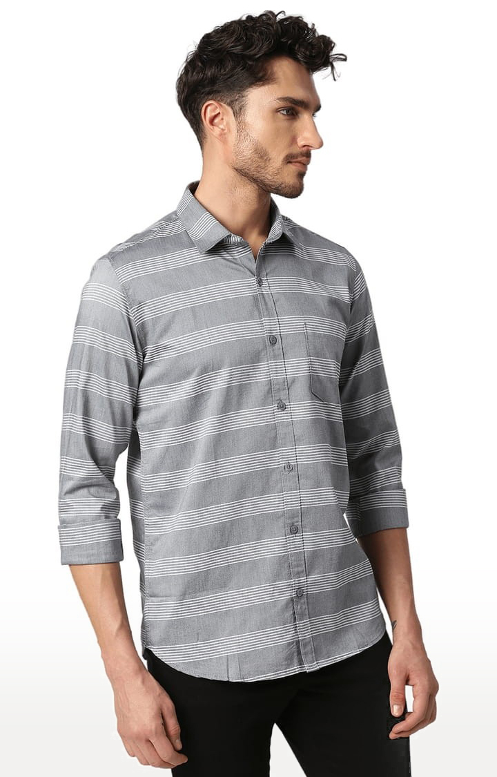 Men's Grey Cotton Striped Casual Shirt