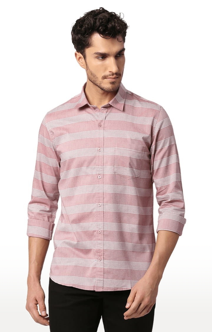 SOLEMIO | Men's Pink Cotton Striped Casual Shirt 0