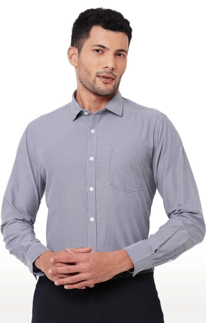 SOLEMIO | Men's Grey Polyester Striped Formal Shirt 0