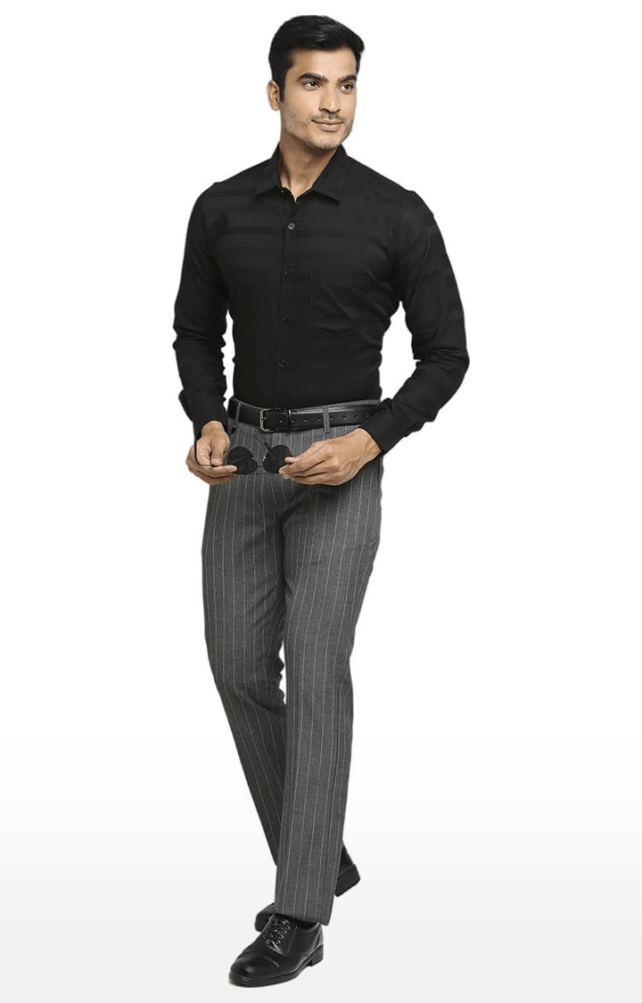 SOLEMIO | Men's Grey Polyester Striped Formal Trousers 1