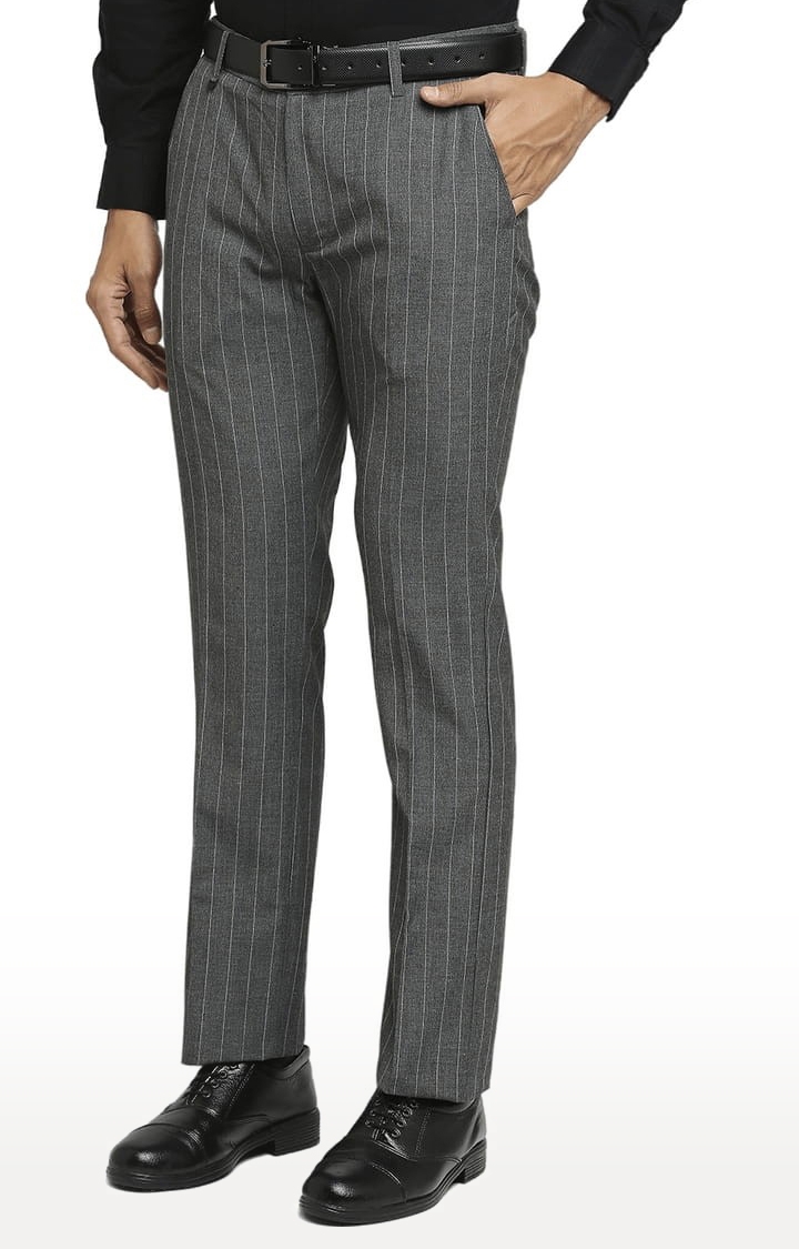 SOLEMIO | Men's Grey Polyester Striped Formal Trousers 0