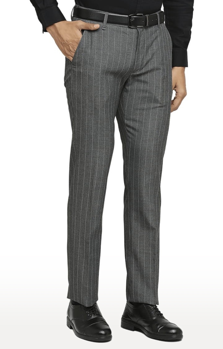 SOLEMIO | Men's Grey Polyester Striped Formal Trousers 2