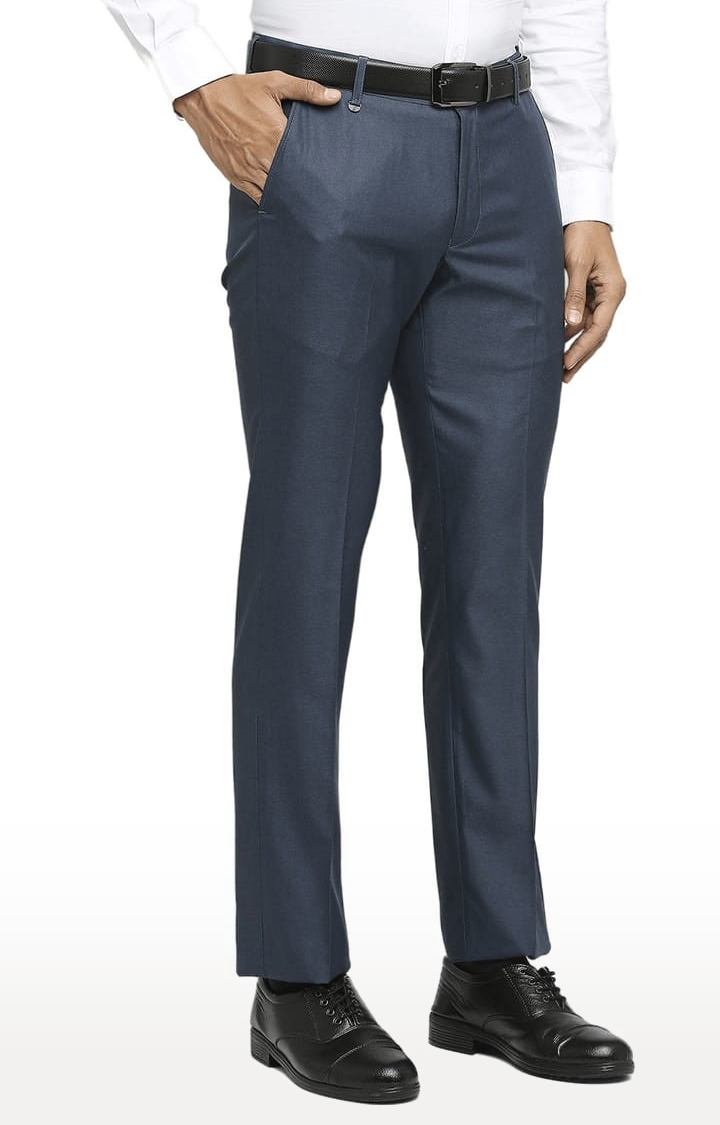 Men's Blue Polyester Solid Formal Trousers