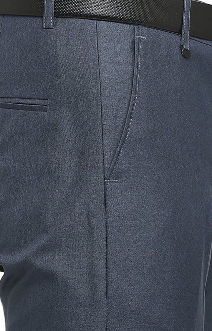 Men's Blue Polyester Solid Formal Trousers