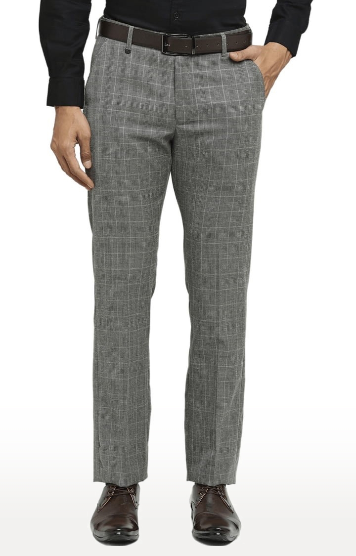 SOLEMIO | Men's Grey Polyester Checked Formal Trousers 0