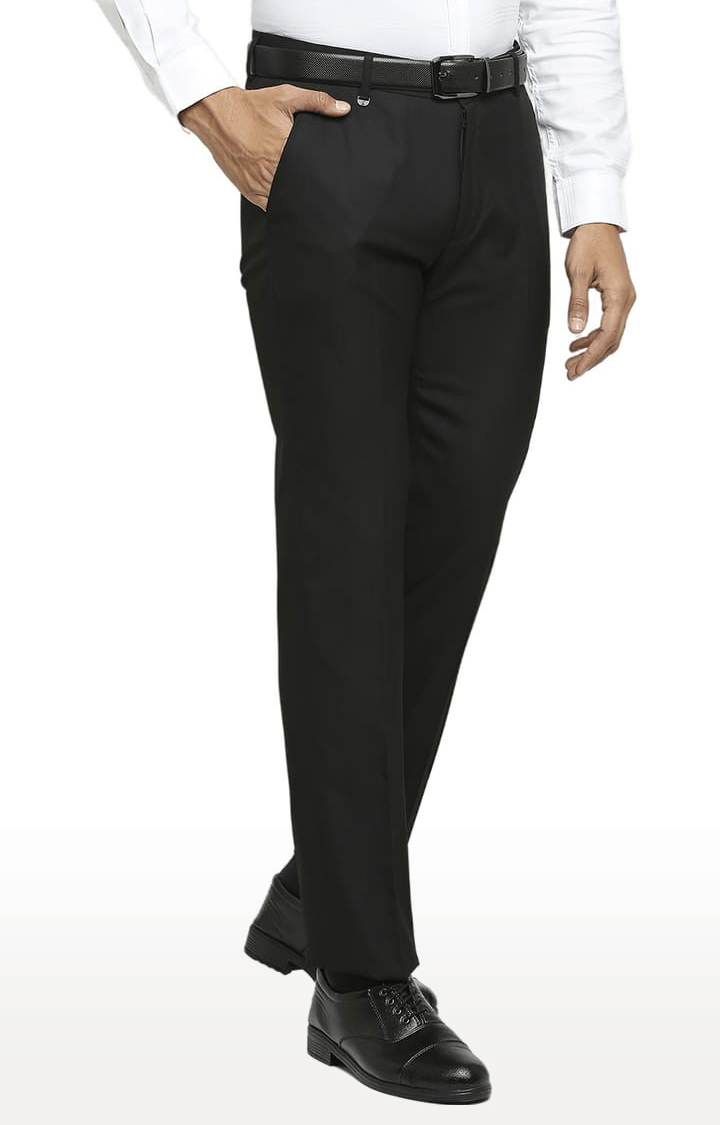 Men's Black Polyester Solid Formal Trousers