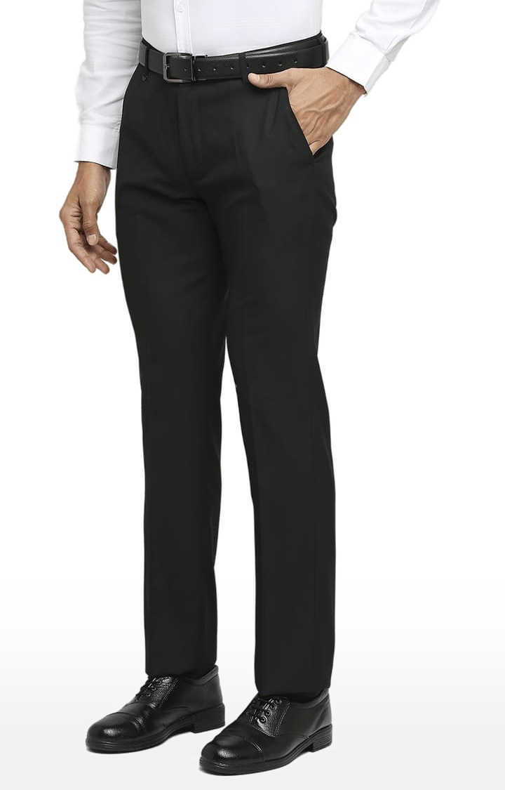 Men's Black Polyester Solid Formal Trousers