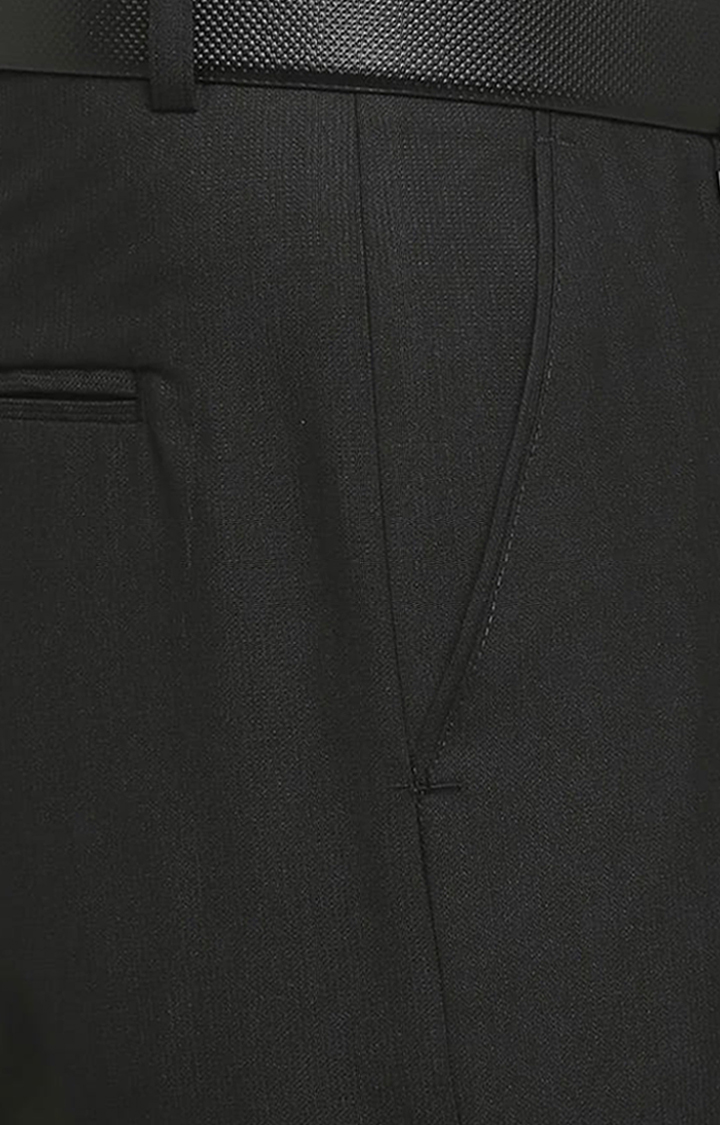 Men's Black Polyester Solid Formal Trousers