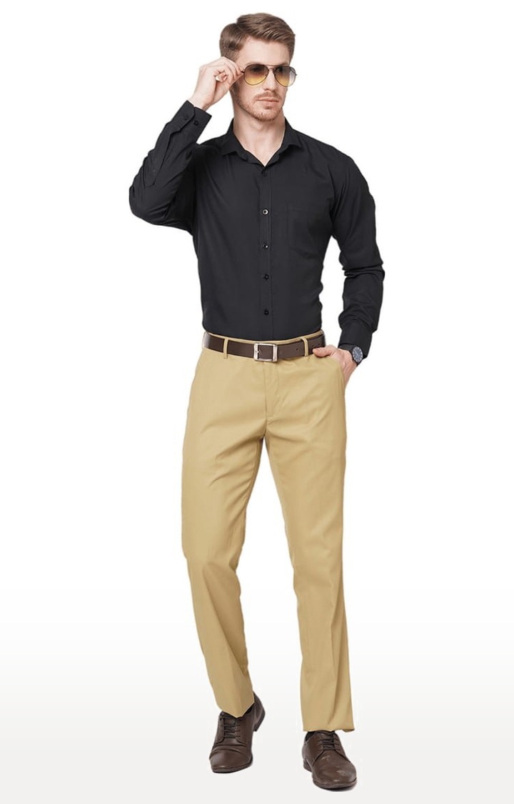 Men s Beige Polyester Solid Flat Front Formal Trousers