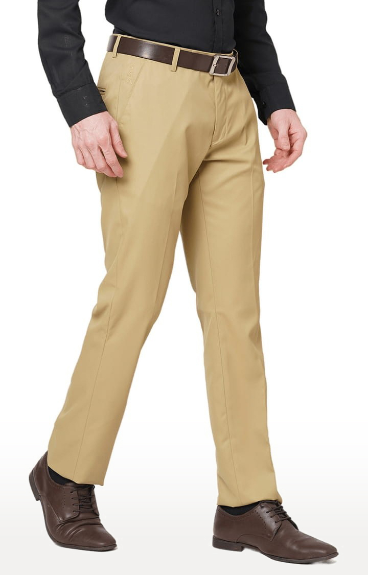Men's Beige Polyester Solid Flat Front Formal Trousers