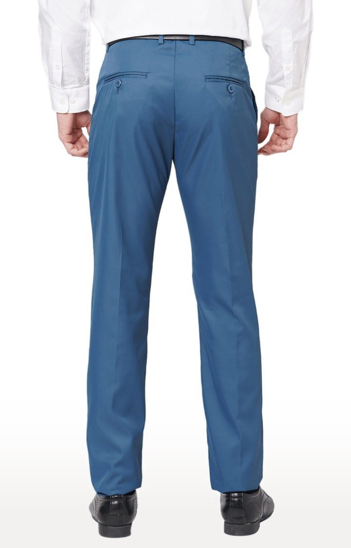 Men's Blue Polyester Solid Flat Front Formal Trousers