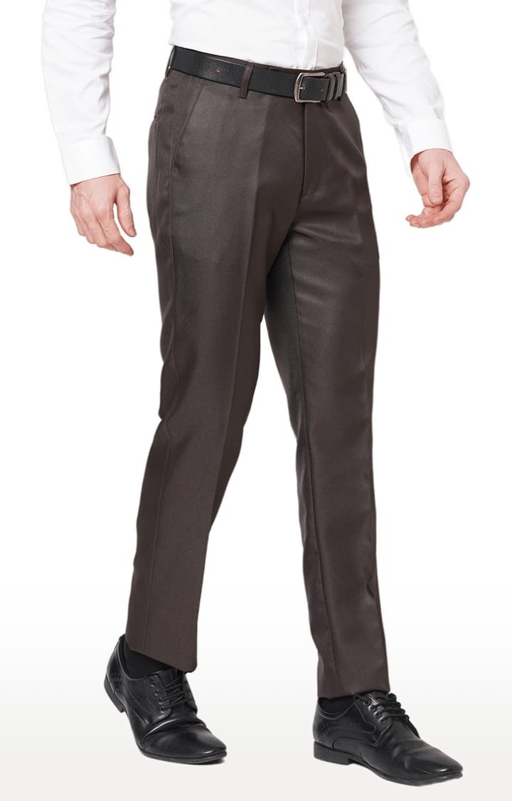 SOLEMIO | Men's Brown Polyester Solid Flat Front Formal Trousers 2