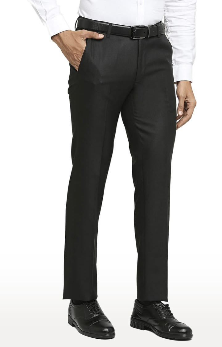 Men's Black Polyester Solid Formal Trousers