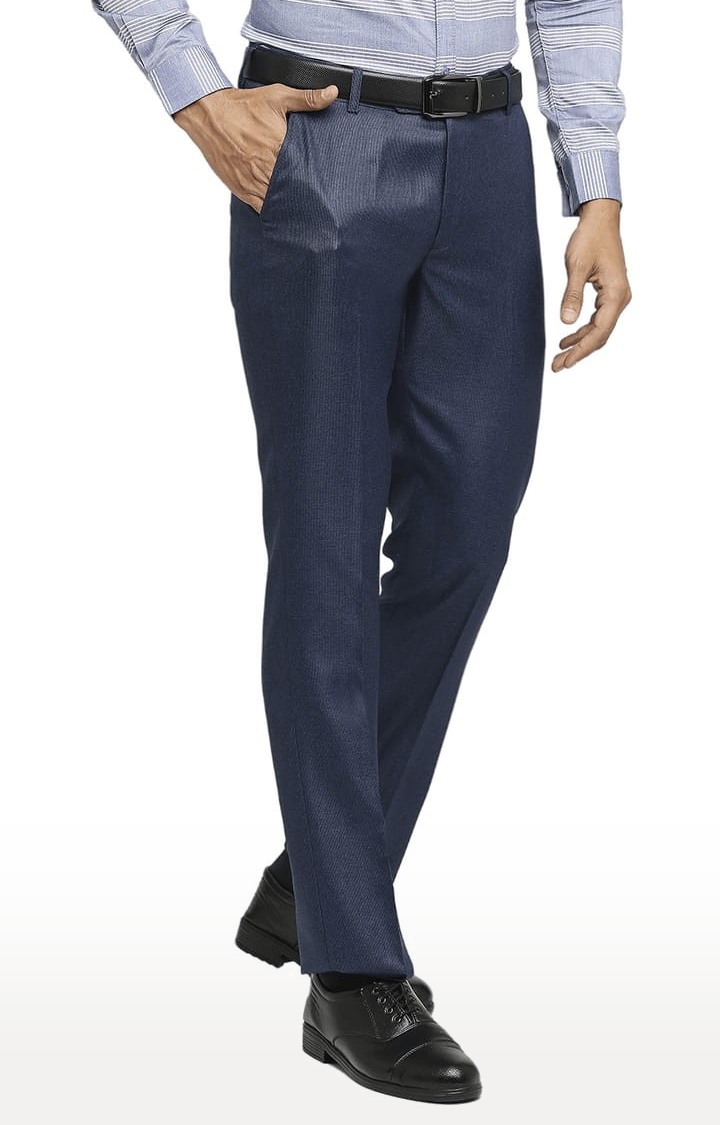 Men's Blue Polyester Solid Formal Trousers