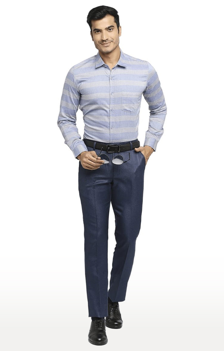 Men's Blue Polyester Solid Formal Trousers