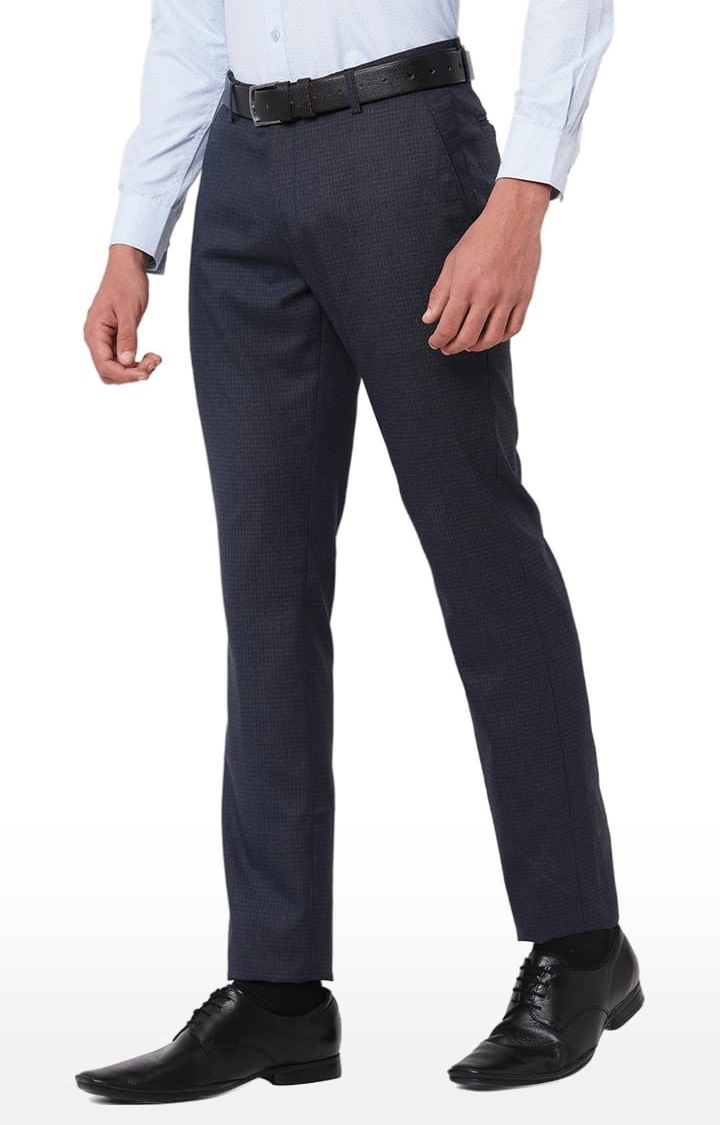 SOLEMIO | Men's Blue Polyester Checked Formal Trousers 2