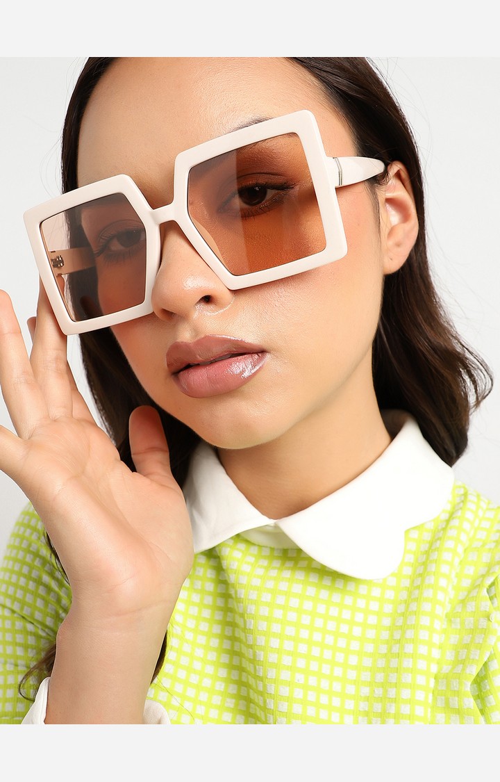Haute Sauce By Campus Sutra Women Brown Lens & White Rectangle Sunglasses With Polarised Lens