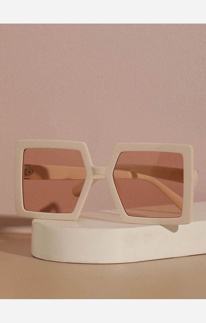 Haute Sauce By Campus Sutra Women Brown Lens & White Rectangle Sunglasses With Polarised Lens