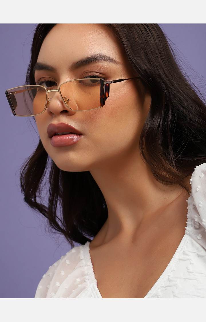 Haute Sauce By Campus Sutra Unisex Brown Lens & Gold-Toned Rectangle Sunglasses With Polarised Lens
