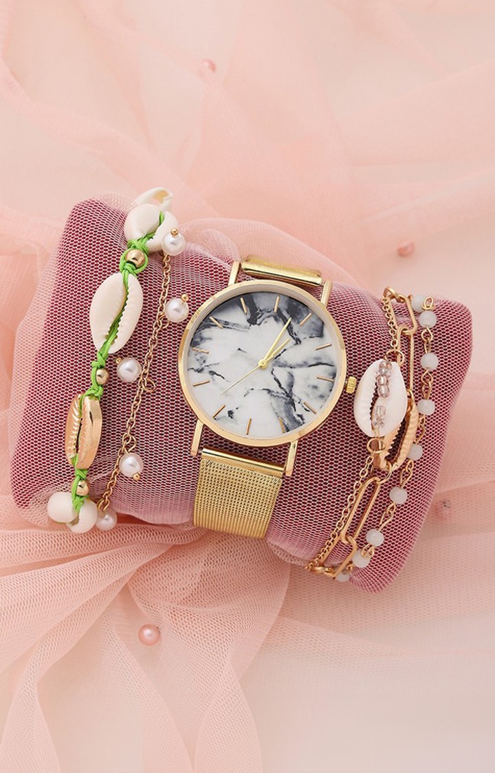 Women's Gold-Toned & White Watch & Jewellery Gift Set