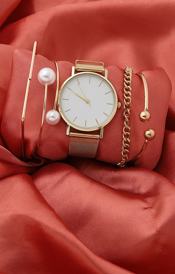 Women's Gold & White Watch & Jewellery Gift Set