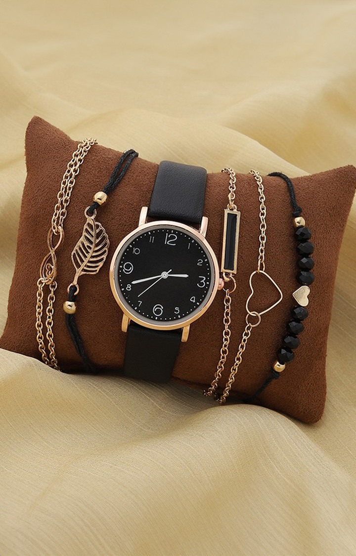 Women's Gold & Black Watch & Jewellery Gift Set