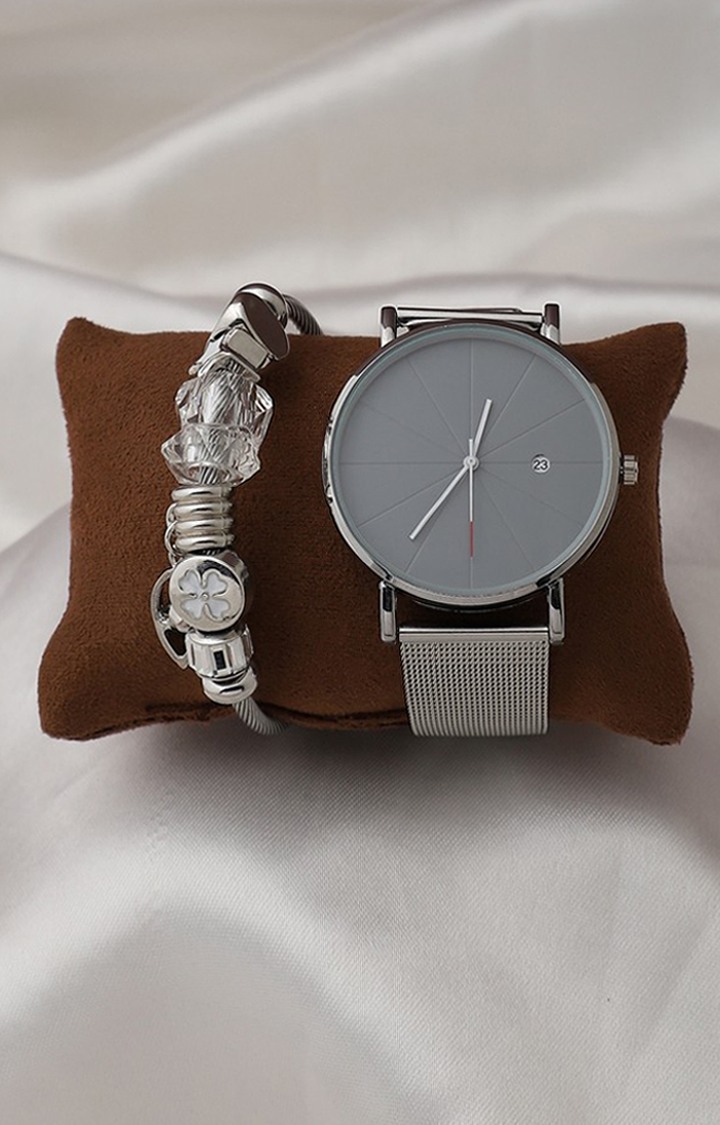 Women's Silver Metal Watch & Bracelet Gift Set