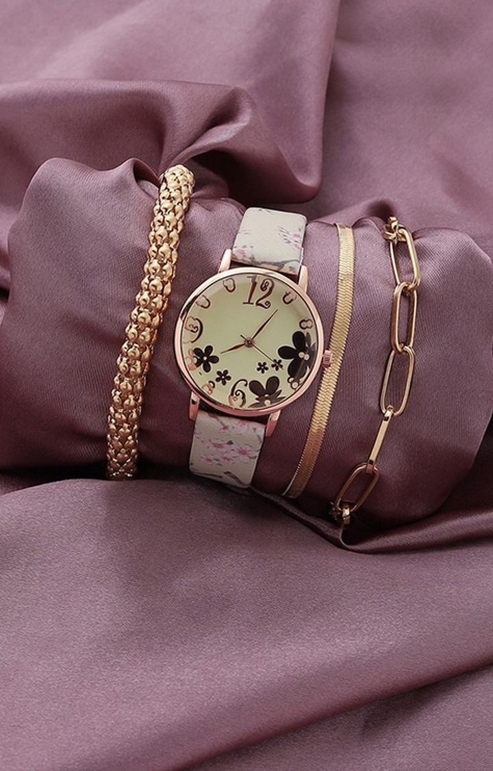 Women's Grey & Gold Watch & Bracelets Gift Set