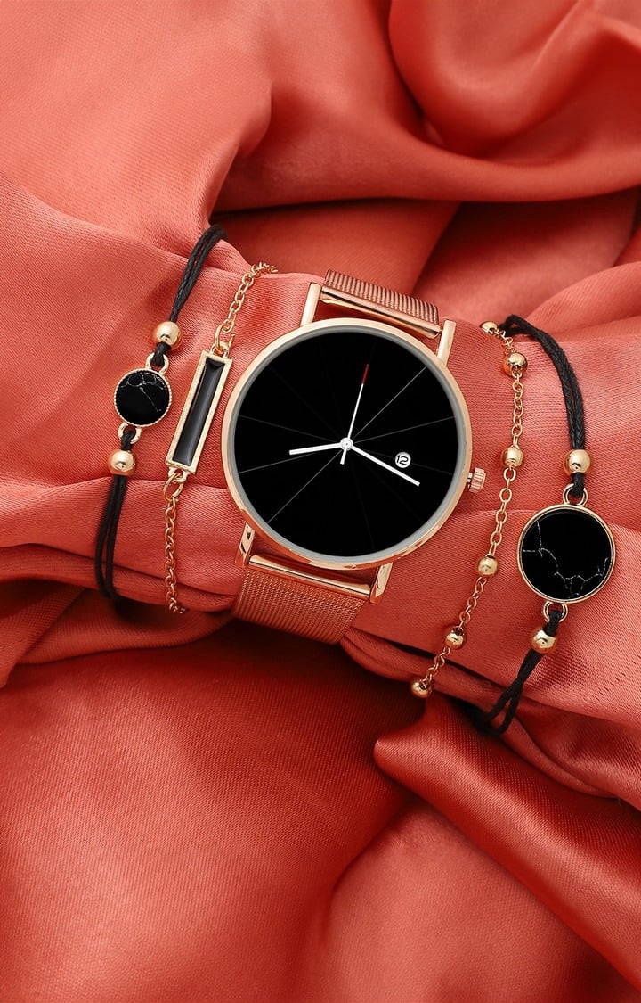 Women's Rose Gold & Black Solid Watch Gift Set