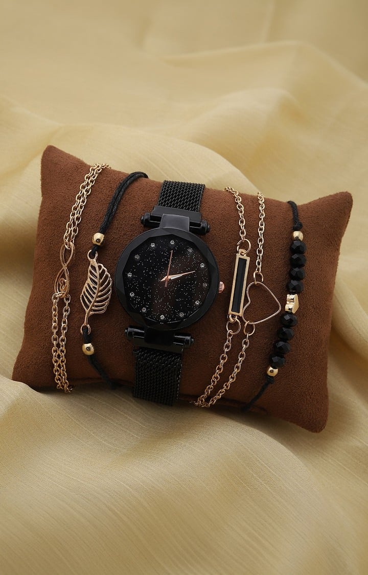 Women's Black Metal Watch & Bracelets Gift Set