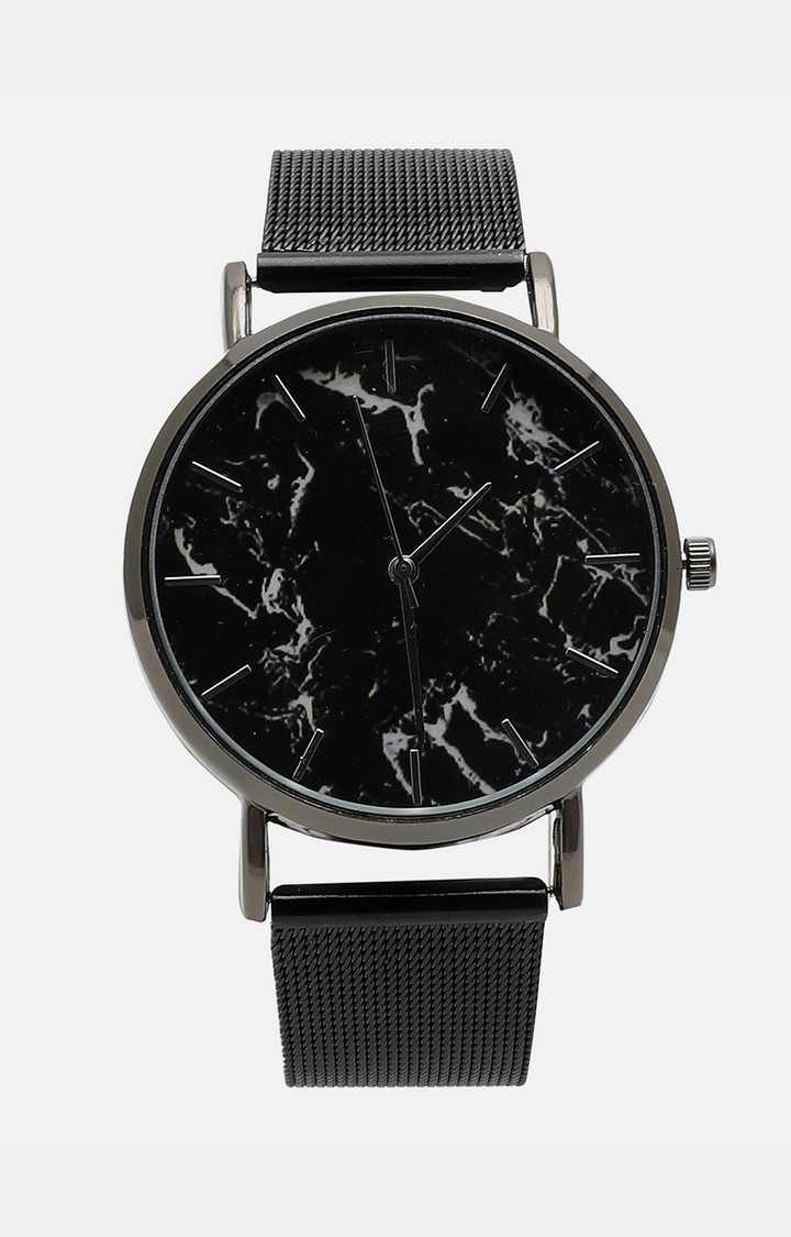 Women's Black Dial & Black Leather Bracelet Style Straps Analogue Watch