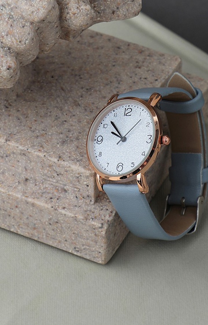 Women's Grey Embellished Dial & Blue Leather Bracelet Style Straps Analogue Watch