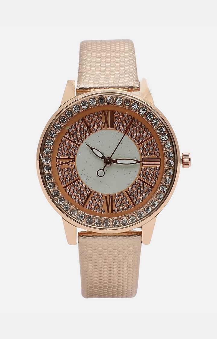 Women's Gold-Toned Embellished Dial & Gold Toned Leather Textured Straps Analogue Watch