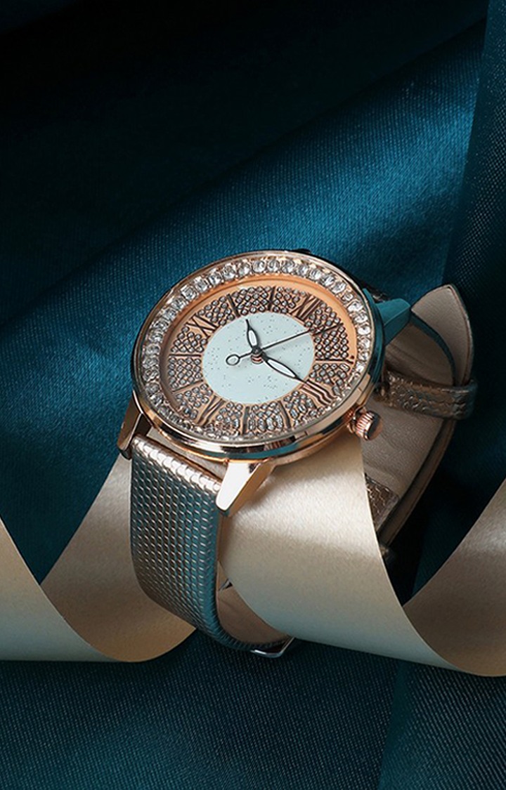 Women's Gold-Toned Embellished Dial & Gold Toned Leather Textured Straps Analogue Watch