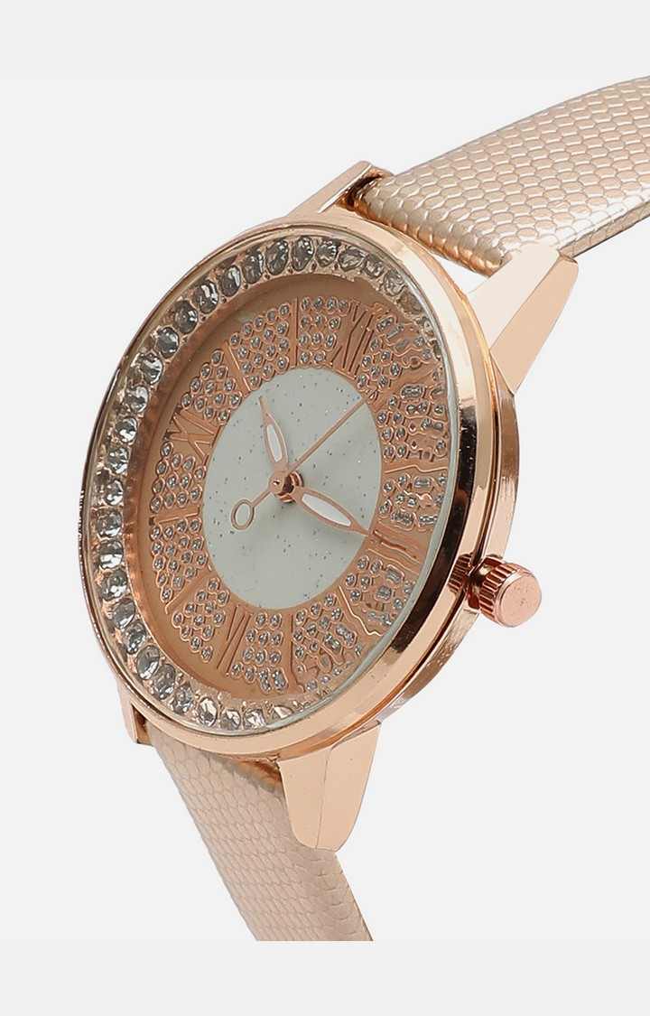 Women's Gold-Toned Embellished Dial & Gold Toned Leather Textured Straps Analogue Watch