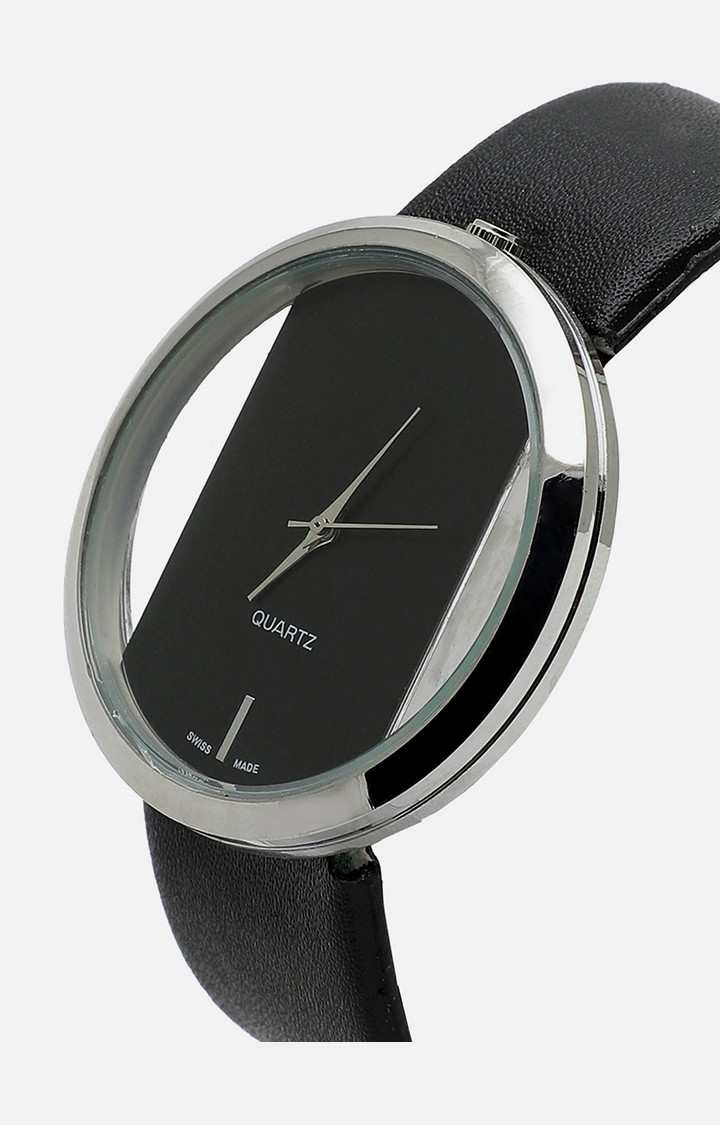 Women's Black Dial & Black Leather Bracelet Style Straps Digital Watch
