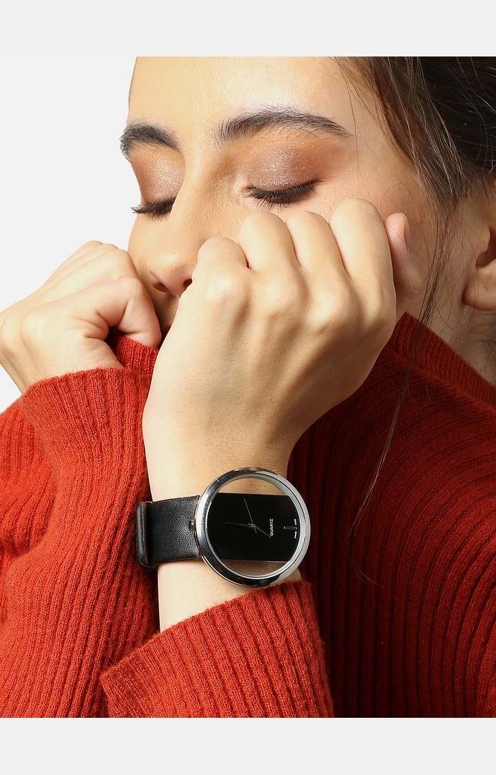 Women's Black Dial & Black Leather Bracelet Style Straps Digital Watch