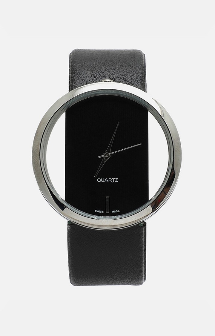 Women's Black Dial & Black Leather Bracelet Style Straps Digital Watch