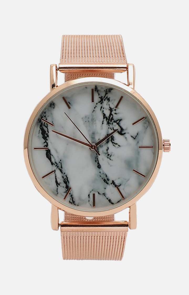 Women's White Dial & Rose Gold Toned Stainless Steel Straps Analogue Watch