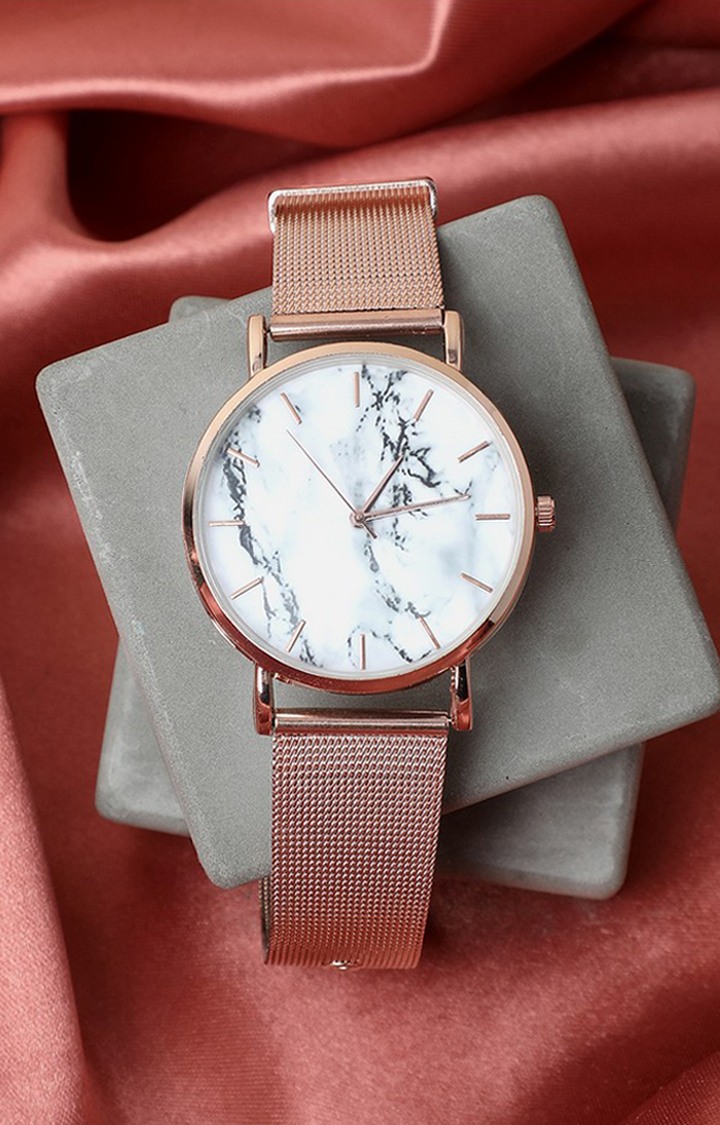 Women's White Dial & Rose Gold Toned Stainless Steel Straps Analogue Watch