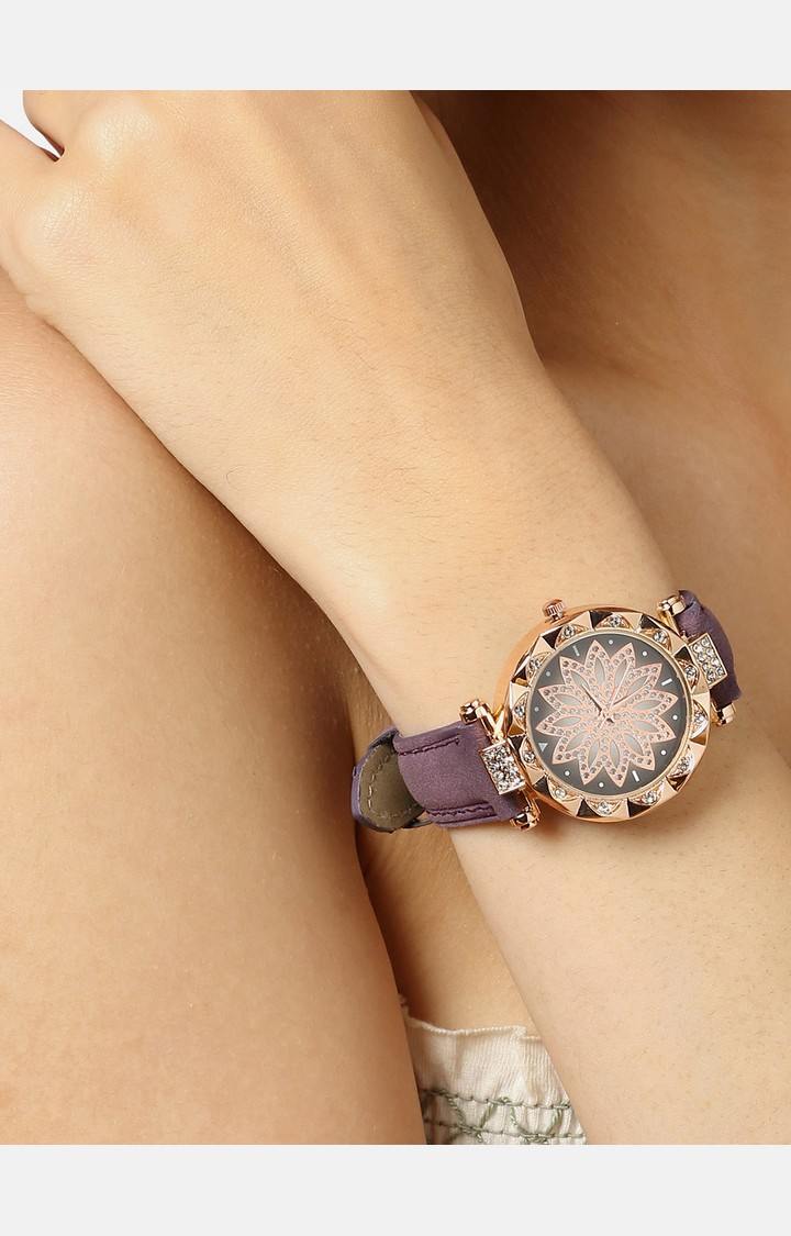 Women's Gold-Toned Embellished Dial & Purple Straps Analogue Watch