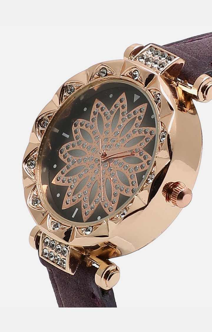 Women's Gold-Toned Embellished Dial & Purple Straps Analogue Watch