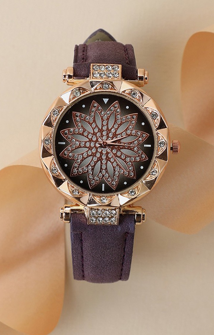 Women's Gold-Toned Embellished Dial & Purple Straps Analogue Watch