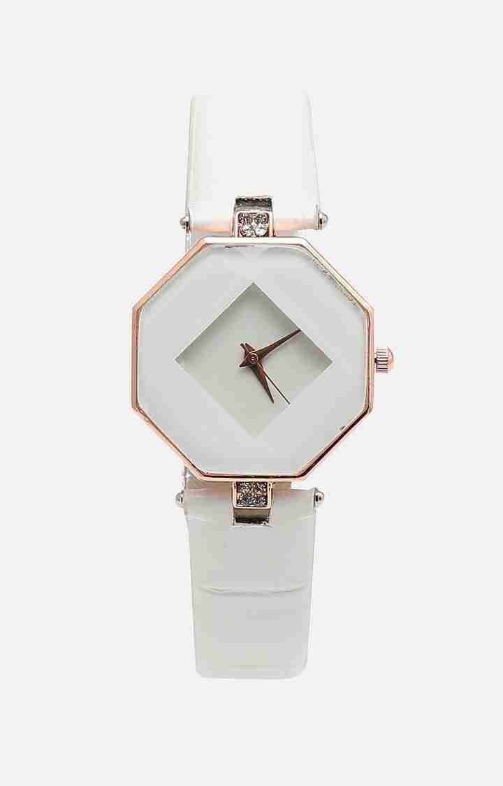 Women's White Printed Dial & White Leather Bracelet Style Straps Analogue Watch