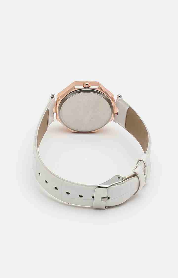 Women's White Printed Dial & White Leather Bracelet Style Straps Analogue Watch