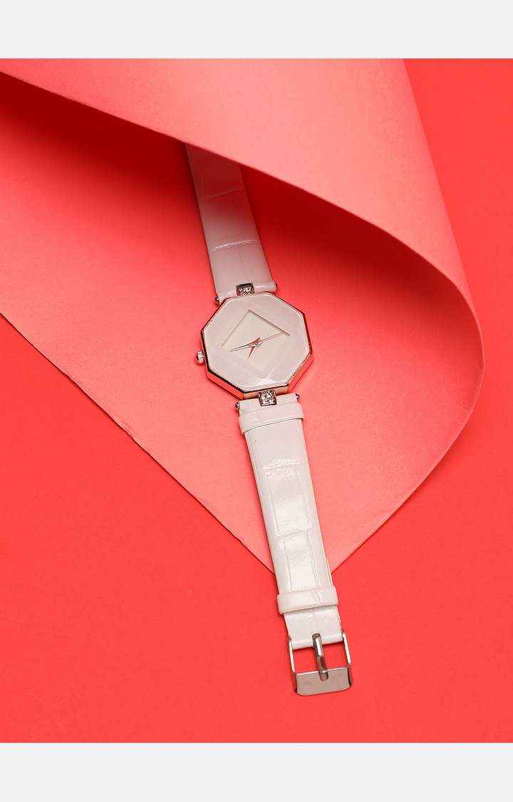 Women's White Printed Dial & White Leather Bracelet Style Straps Analogue Watch
